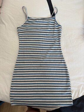 EUC Blue White Black Striped Ribbed Mini Dress Sz S